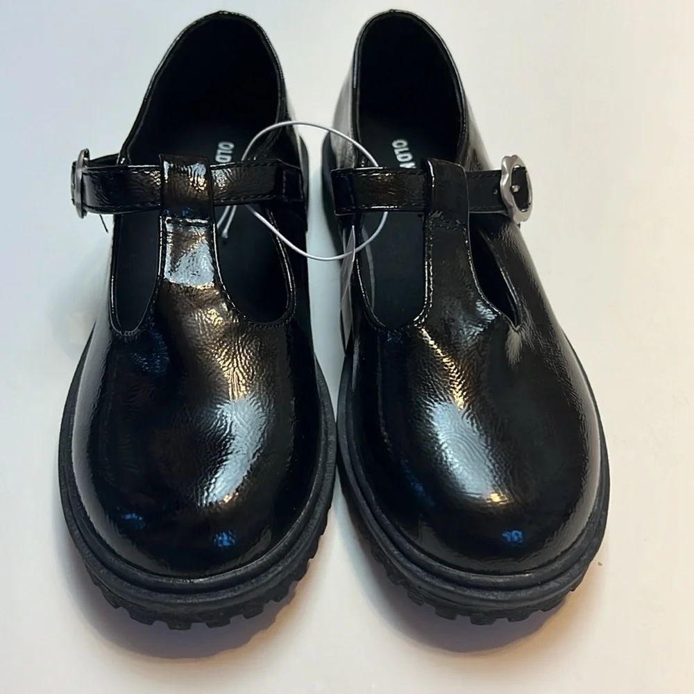 Old Navy Dress Shoes Chunky Mary Jane Black Patent Leather Flower Buckle New